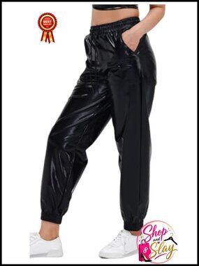 Shiny Metallic Wet Look Jogger Sweatpants Holographic Rave Dance Pants